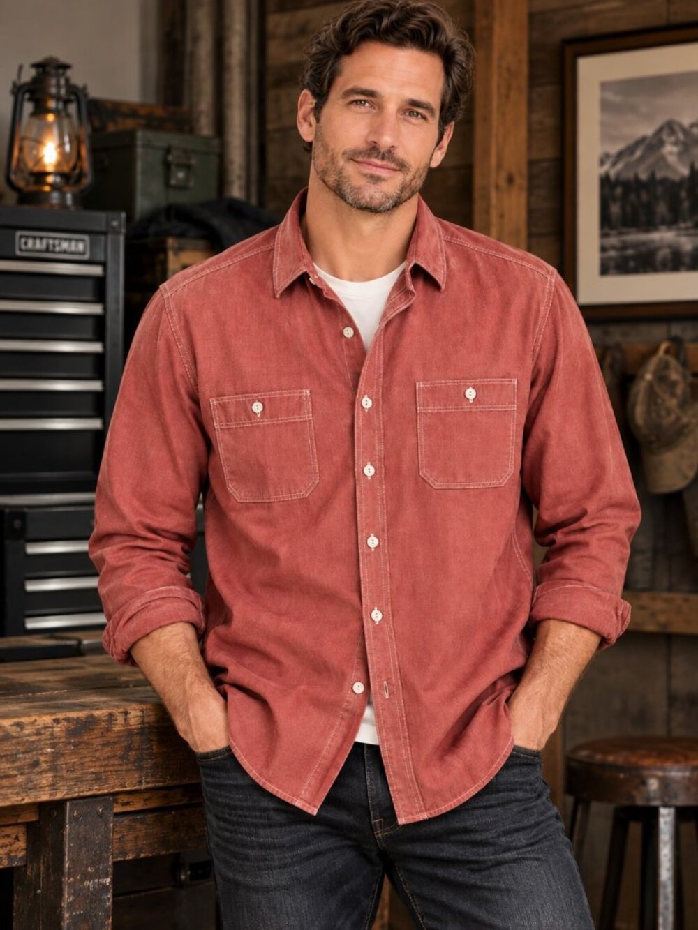 J. Crew Factory 26357 Red Cotton Chambray Button Front Shirt Mens XL EUC